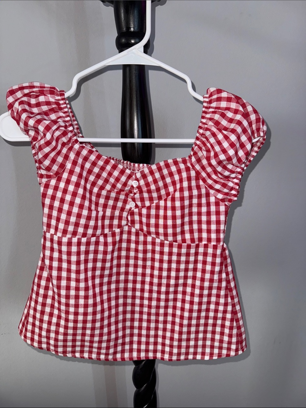 SHEIN Red and White Gingham Puff Sleeve Top for Kids 34.T